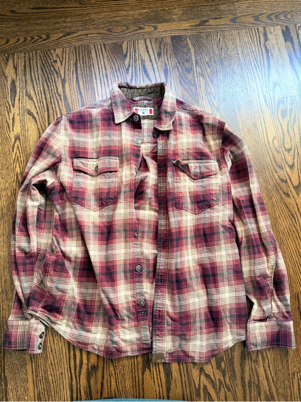 Rural Cloth Plaid Button-Up Shirt in Burgundy & Cream brushed flannel xl